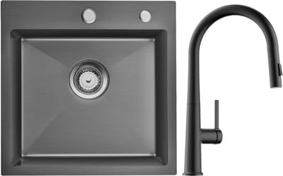 Auralum max Spoelbak voor keuken 45x45cm - Spoelbakken Keuken Met C-uitloop Keukenkraan - Wasbak met waterafvoersysteem - Antraciet