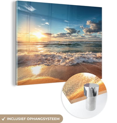 MuchoWow® Glasschilderij 160x120 cm - Schilderij acrylglas - Strand - Zee - Zonsondergang - Foto op glas - Muurdecoratie woonkamer - Wanddecoratie slaapkamer - Schilderijen