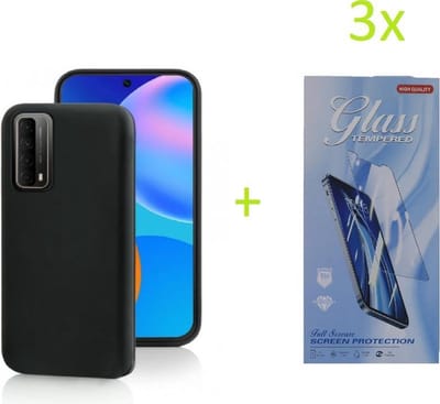 hoesje Geschikt voor: Huawei P Smart 2021 TPU Silicone rubberen + 3 Stuks Tempered screenprotector - zwart