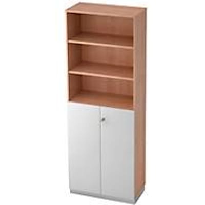 Combi-boekenkast, 6 OH, 3 open vakken + 2 afsluitbare deuren, B 800 x D 420 x 2210 mm, notenhoutdecor/zilver