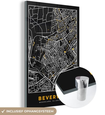 MuchoWow® Glasschilderij 40x60 cm - Schilderij acrylglas - Plattegrond - Beverwijk - Goud - Zwart - Foto op glas - Schilderijen - Stadskaart