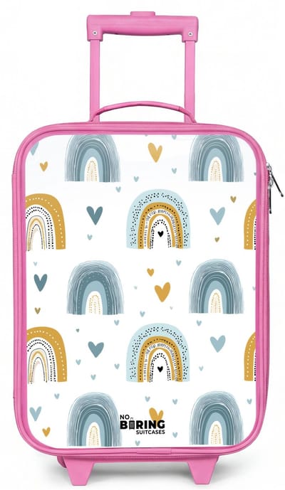 NoBoringSuitcases.com® - Kinderkoffer roze - Kindertrolley meisje - Patroon - Regenboog - Hartjes - Koffer kind lichtgewicht - Reiskoffer trolley voor kinderen - Koffertje met lichtgevende wieltjes - Rolkoffer