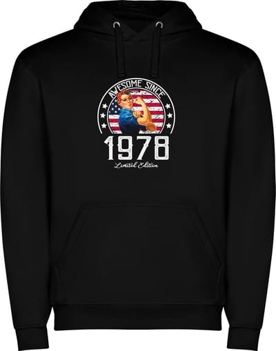 Zwarte unisex hoodie met “ Kleurrijke Awesome Since 1978 Limited Edition – Leeftijd – Verjaardag “ Print Full Color Color merk Roly maat S