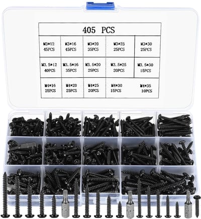 Famanu 405 stuks zwarte lenskopschroeven, Torx M3/M3,5/M4, zelftappende ronde kopschroeven, houtschroeven koolstofstaal, zelftappende torxschroeven, met 3 stuks bits