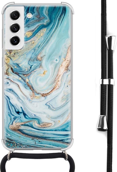Hoesje met koord geschikt voor Samsung Galaxy S21 FE - Marmer blauw goud - Inclusief koord - Crossbody beschermhoes - Transparant, Blauw, Goud - Mooie Telefoonhoesjes