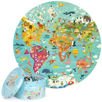 Ronde legpuzzel Wereldkaart - 150 stukjes - geschikt voor kinderen - gerecycled karton - diameter 58 cm