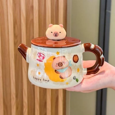 Mug en Céramique Capybara avec Couvercle et Cuillère pour Filles Buvant de l'Eau au Bureau avec Tasse à Café d'Aspect Haut de Gamme Cadeau d'Anniversaire 301-400ml