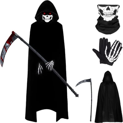 Halloween Kostuum met Kap - Zwart Hooded Cape voor Volwassenen, Skelet Thema, Feest en Carnavalsdecoratie