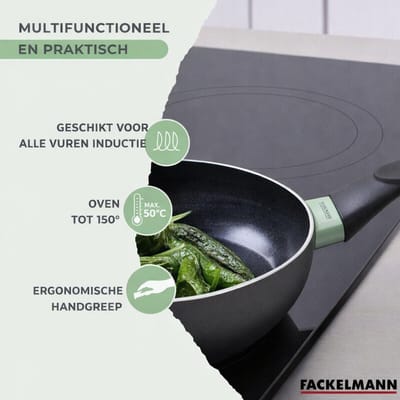 Set van 3 koekenpannen 20, 24 en 28 cm en 3 steelpannen 16, 18 en 20 cm keramische antiaanbaklaag en 6 keukengerei Fackelmann Brandao