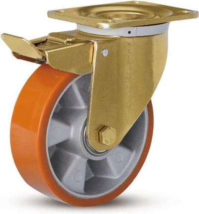 PU zwaarlast zwenkwiel geremd met topplaat - 125mm - 500kg