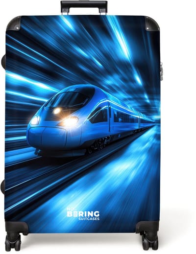 NoBoringSuitcases.com® - Koffer groot - Reiskoffer lichtgewicht - Supersnelle trein in neonblauwe tunnel - Rolkoffer met 4 wielen - Grote trolley XL - 98 liter bagage
