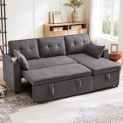 L-vorm slaapsofa met opbergvak en drankhouders - 3-4 persoons bank met slaapfunctie - bed 211x130 cm - beige, grijs - uitwisselbare chaise longue - hoge rugleuning - incl. kussens