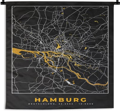 Wandkleed - Wanddoek - Hamburg - Duitsland - Kaart - Goud - Plattegrond - Stadskaart - 180x180 cm - Wandtapijt