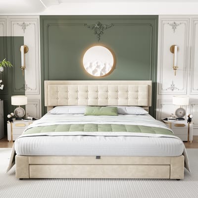 REDOM Opbergbed 160x200 cm – Fluweel – Hydraulisch – Verstelbaar hoofdbord & bedlades – Beige – 300 kg