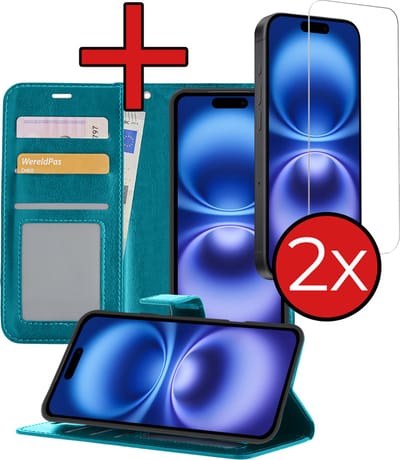 Hoesje - Met 2x Screenprotector - Geschikt voor Apple iPhone 16 - Luxe Pasjeshouder - Flip Case - Bookcase Portemonee - Kunstleer Book Case - Flipcase Hoes - Book Cover - Walletcase - Portemonneehoes - Telefoonhoes - Turquoise