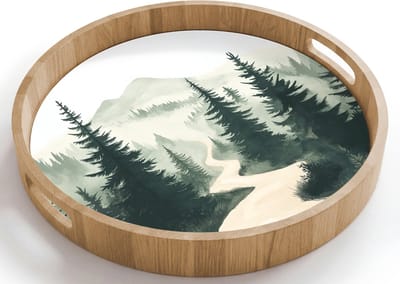 Dienblad rond 40x40 cm - Schootdienblad hout - Pad - Bomen - Bos - Illustratie - Borrelplank rechthoek - Plateau houten dienbladen