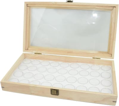 Natural Heartwood Glass Lid Wooden Disply Case with Choice of Jewelry Display Insert Organizer (Case with White 36 Jar Insert)