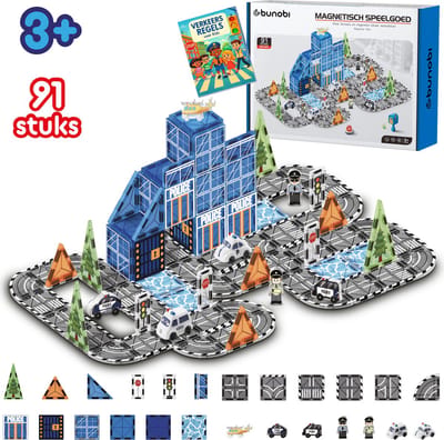 Bunobi® Magnetic Tiles Politie Set – Magnetisch Speelgoed – Magnetische Tegels – Constructie Speelgoed – Montessori Speelgoed – Magnetic Toys – Magnetische Bouwstenen – Racebaan – Speelgoed Kinderen – Politie Speelgoed