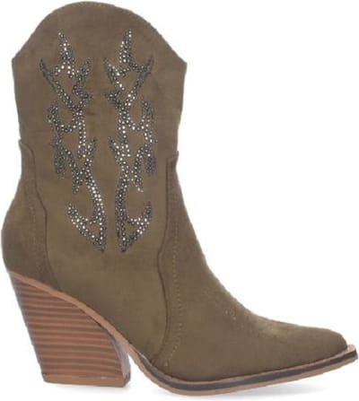 ZoeZo Design - laarzen - enkellaarzen - western laarzen - cowboylaarzen - suedine - leger groen - army green - maat 36 - subtiele antraciet blingbling - prachtige modieuze hak