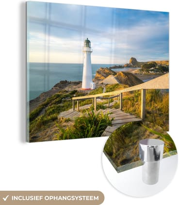 MuchoWow® Glasschilderij 160x120 cm - Schilderij acrylglas - Zee - Vuurtoren - Wit - Foto op glas - Muurdecoratie woonkamer - Wanddecoratie slaapkamer - Schilderijen