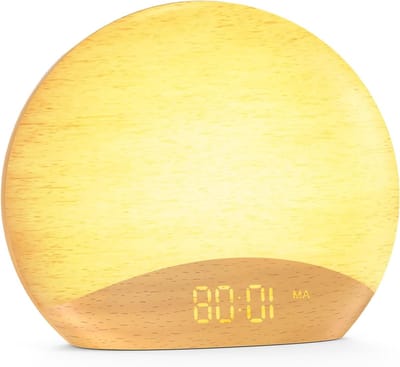 Wekker Geluidsmachine - Nachtlamp Digitale Klok - Rustig Wakker Worden - Zonsopgang Simulatie - 18.49 x 17.4 cm - Houtkleur