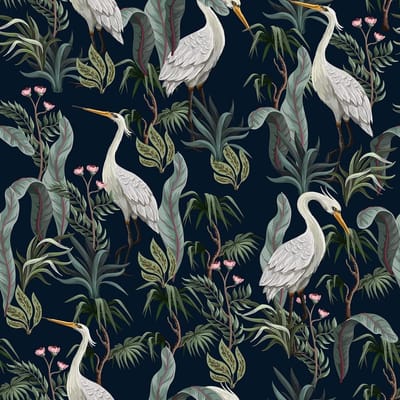 Dailygoods - Donkergroen Fotobehang met Kraanvogels - Zelfklevend, 44,5 x 3M