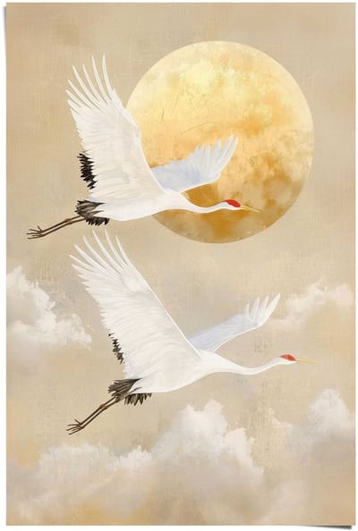 Poster Kraanvogels onder de maan - 91,5 x 61 - Papier - REINDERS