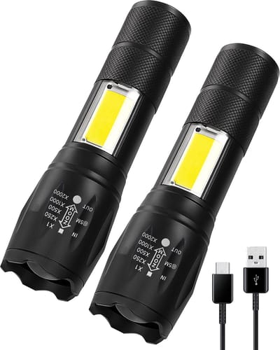 ODESSEY Zaklamp LED Oplaadbaar - 2-Pack - COB-Verlichting - met Polsband - Militaire Zaklamp - Zaklampen - Kind - Zwart