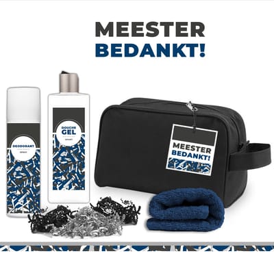 Geschenkset "Meester bedankt" - 4 producten - 500 gram - Triomf Cosmetica | Giftset Cadeautje Man Cadeau voor Hem Set Meesterdag Geschenk Toilettas Gastendoekje Navy, Douchegel & Deodorant Leraar Docent Leerkracht Blauw