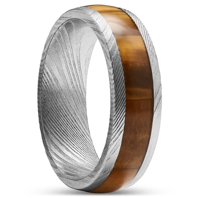 Fortis | 7 mm Zilverkleurige Ring van Damascusstaal met Tijgeroog Inleg