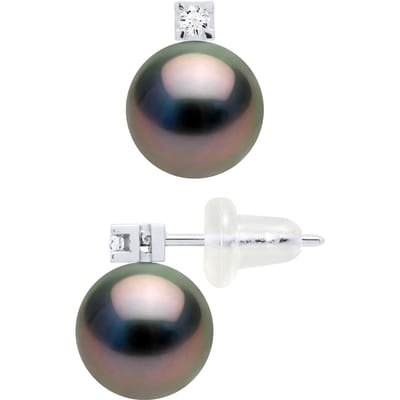 Oorbellen Tahitian parels rond 8-9 mm en 0,04 Cts Diamond Jewellery White Gold 18 Karaat