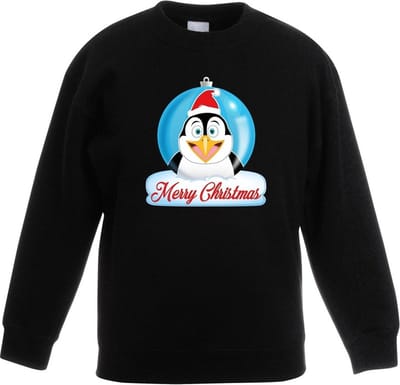 Kersttrui voor kinderen - Merry Christmas pinguin kerstbal - zwart - jongens en meisjes - Kerstruien 98/104