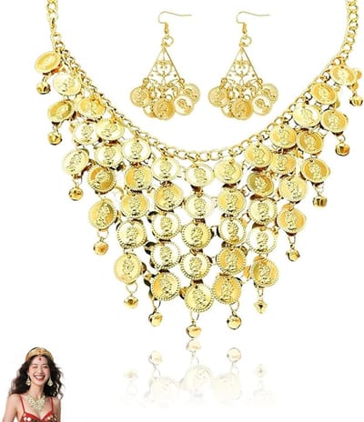 Bellydance Accessoires voor Vrouwen, Gouden Oorbellen en Ketting met Muntjes, Piratenkostuum en Fortune Teller Sieraden, Perfect voor Dans en Feesten