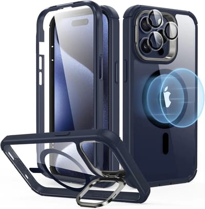 ESR Armor Tough HaloLock Hoesje Geschikt voor Apple iPhone 15 Pro Max | Compatibel met MagSafe | met Stash Stand Kickstand | Full Protect | Extra Camera Bescherming | Transparant Blauw