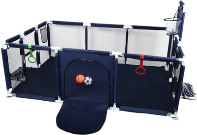 PIPIPOXER-Grondbox - Baby Speelbox met voetbal en basketbal - Antislip bodem -180*120 cm-Marineblauw