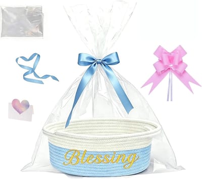Lege geweven mand van katoen met handvat voor geschenken, ideaal voor Kerstmis, verjaardagen en bruiloften, inclusief geschenkzakjes en linten, blauw en wit