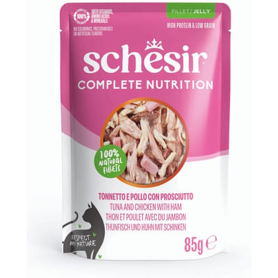 Voordeelpakket: 24x85g Schesir Complete Nutrition filet in gelei tonijn en kip met ham natvoer voor katten