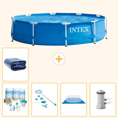 Intex Rond Frame Zwembad - 366 x 76 cm - Blauw - Inclusief Onderhoudspakket - Schoonmaakset - Grondzeil - Zwembadfilterpomp - Solarzeil - 6-delig