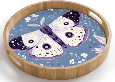 Dienblad rond 40x40 cm - Schootdienblad hout - Vlinder - Bloemtakken - Lichtblauw - Borrelplank rechthoek - Plateau houten dienbladen