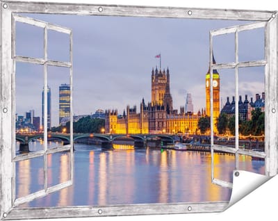 Gards Tuinposter Doorkijk London Big Ben en Westminster Brug - 120x80 cm - Tuindoek - Tuindecoratie - Wanddecoratie buiten - Tuinschilderij