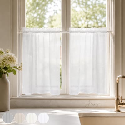 Qelus Waterafstotende Vitrage - Korte Gordijnen - 84x76cm - Raamvalletje - waterafstotend - linnenlook - lichtdoorlatend - dubbele tunnelzoom - voor keuken - badkamer - Wit - 1 Stuk