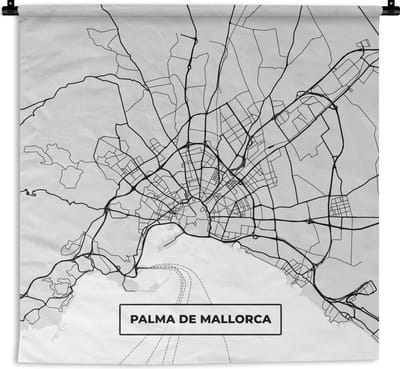 Wandkleed - Wanddoek - Mallorca - Stadskaart - Zwart Wit - Plattegrond - Kaart - 180x180 cm - Wandtapijt