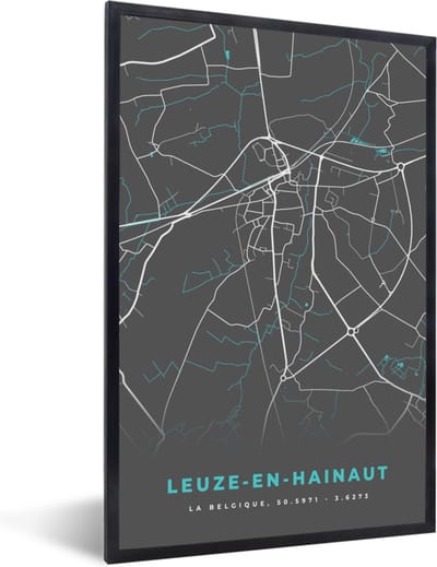 Fotolijst incl. Poster - België – Leuze en Hainhaut – Stadskaart – Kaart – Blauw – Plattegrond - 40x60 cm - Posterlijst