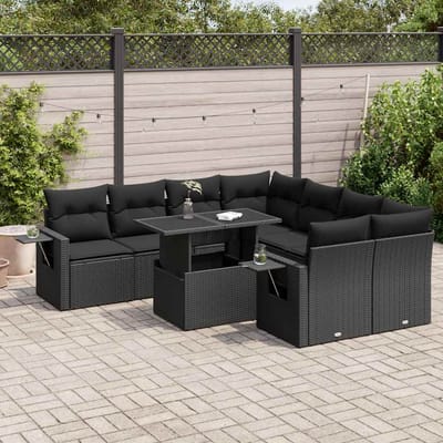 vidaXL - 9-delige - Loungeset - met - kussens - poly - rattan - zwart