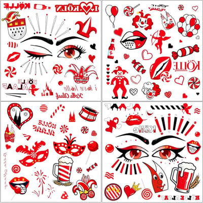 Tijdelijke gezichtstatoeages voor carnaval, 4 vellen met kleurrijke ontwerpen, perfect voor kostuums en feestelijke gelegenheden, rood en wit