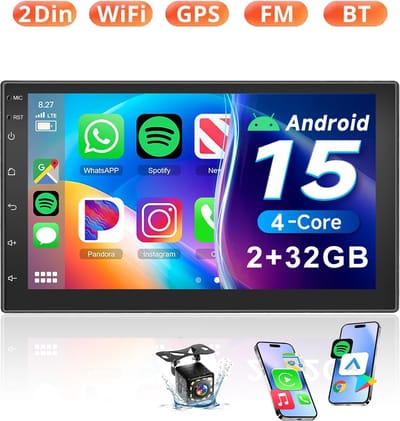 ESSGOO Autoradio 2Din Universeel - Android 15 - Apple Carplay & Android Auto (Draadloos) - 7 Inch HD Touchscreen - 2+32GB - GPS Navigatiesysteem - USB, WiFi, Bluetooth - 12 LEDs Achteruitrijcamera