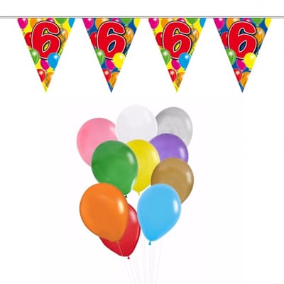 Folat Verjaardag 6 jaar feestartikelen set - 50x ballonnen - 2x leeftijd print vlaggenlijnen