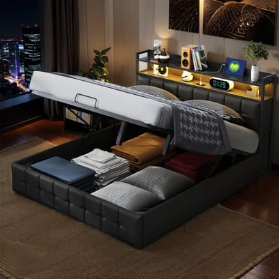 Gestoffeerd bed 160 x 200 cm met LED-verlichting en USB-oplaadpoorten, hydraulisch tweepersoonsbed met opbergruimte, PU-leer, houten latten, grijs