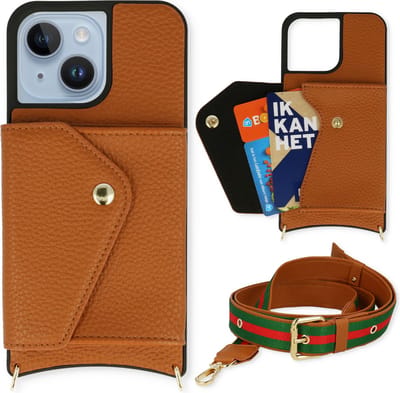 Casemania Hoesje Geschikt voor Apple iPhone 14 - Bruin - Back Cover met Verstelbare Band - Pasjeshouder / Koord