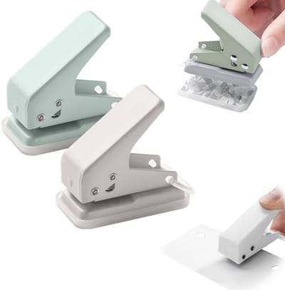 2 pack perforators - notitieboekperforator - kleine rond gat ringband - met opbergmat voor versnipperd papier - geschikt voor papier, karton, notitieboeken, kaarten, fotoalbums, bladwijzers en documenten (2,8*5,5 cm - wit+ lichtgroen)